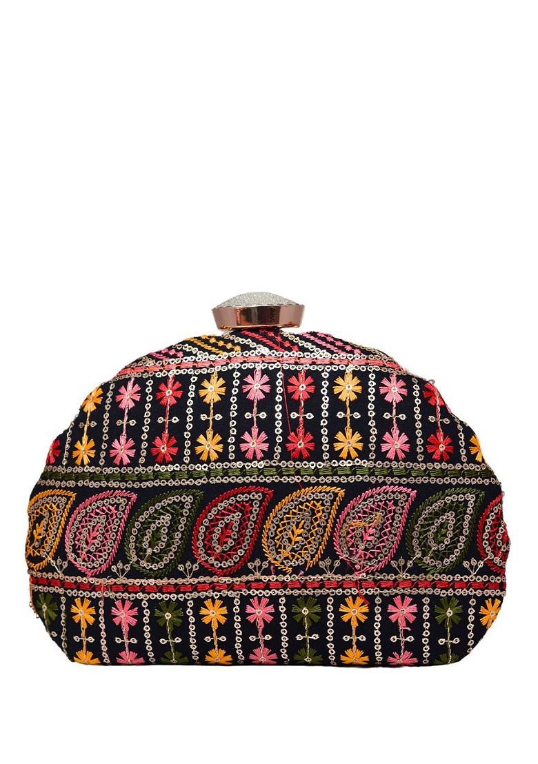 Black Satin Embroidered Box Clutch - Indya