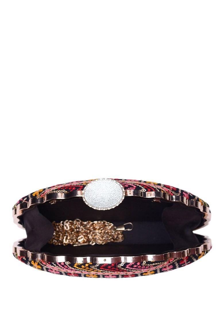 Black Satin Embroidered Box Clutch - Indya