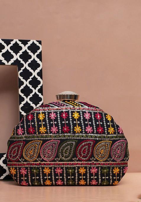 Black Satin Embroidered Box Clutch