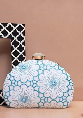 White Satin Embroidered Box Clutch
