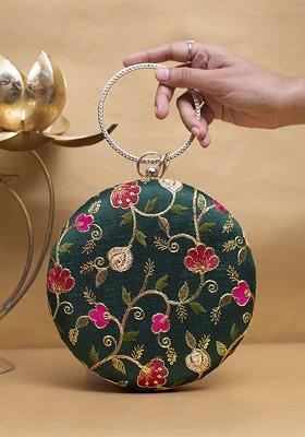 Green Satin Embroidered Box Clutch