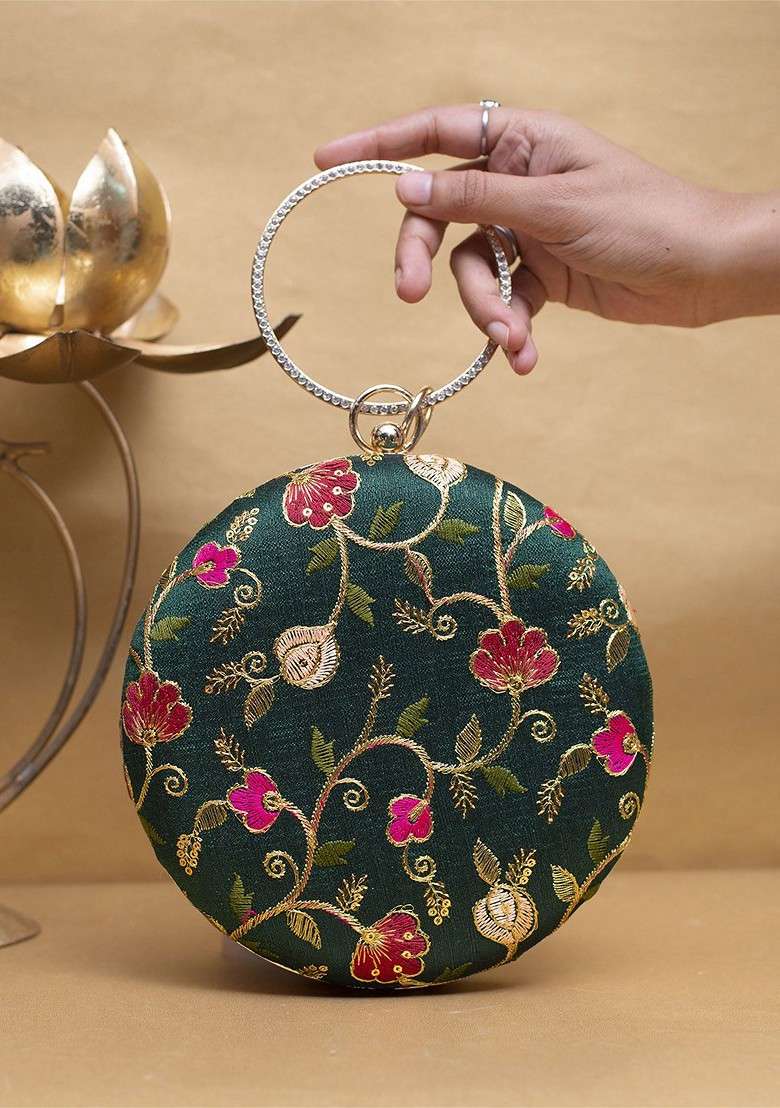 Green Satin Embroidered Box Clutch - Indya