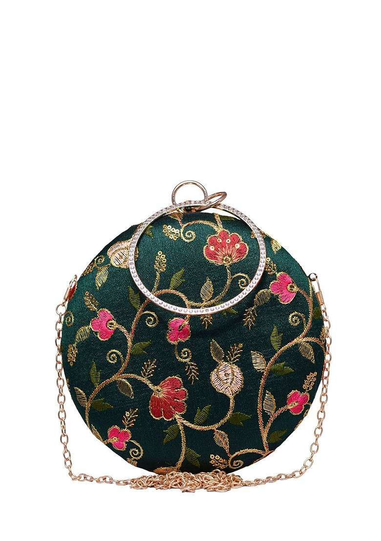 Green Satin Embroidered Box Clutch - Indya