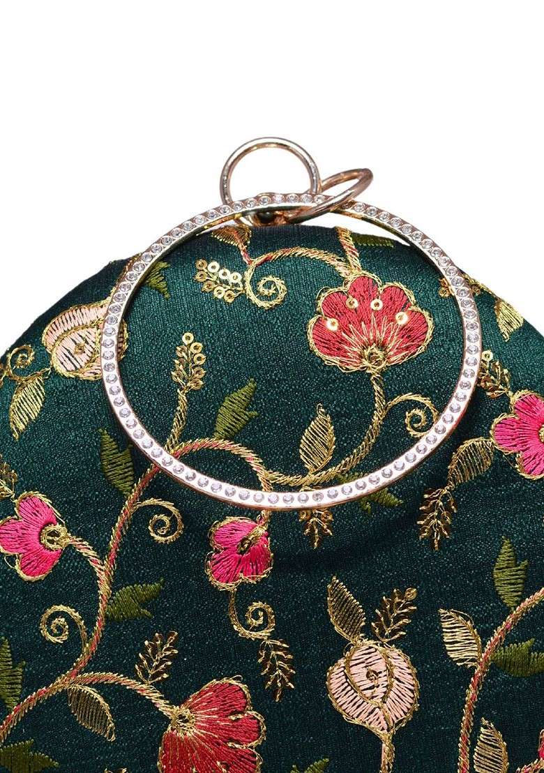 Green Satin Embroidered Box Clutch - Indya