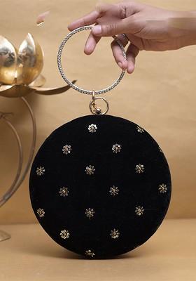 Black Satin Embroidered Box Clutch