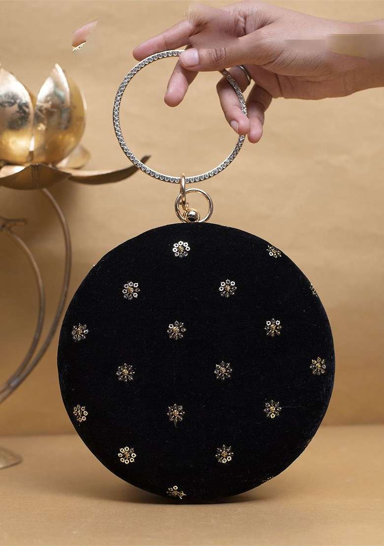 Black Satin Embroidered Box Clutch - Indya