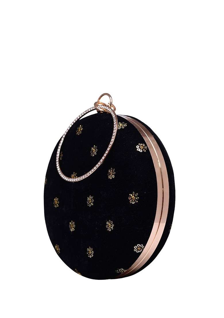 Black Satin Embroidered Box Clutch - Indya
