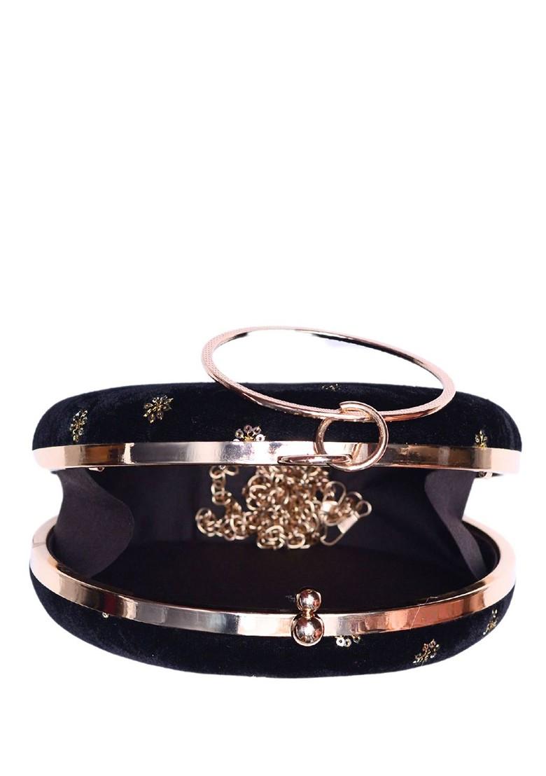 Black Satin Embroidered Box Clutch - Indya