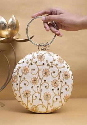 Off White Satin Floral Embroidered Box Clutch