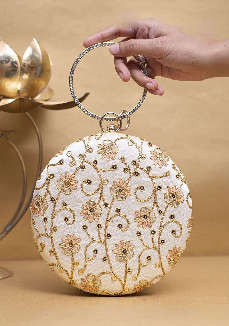 Off White Satin Floral Embroidered Box Clutch - Indya