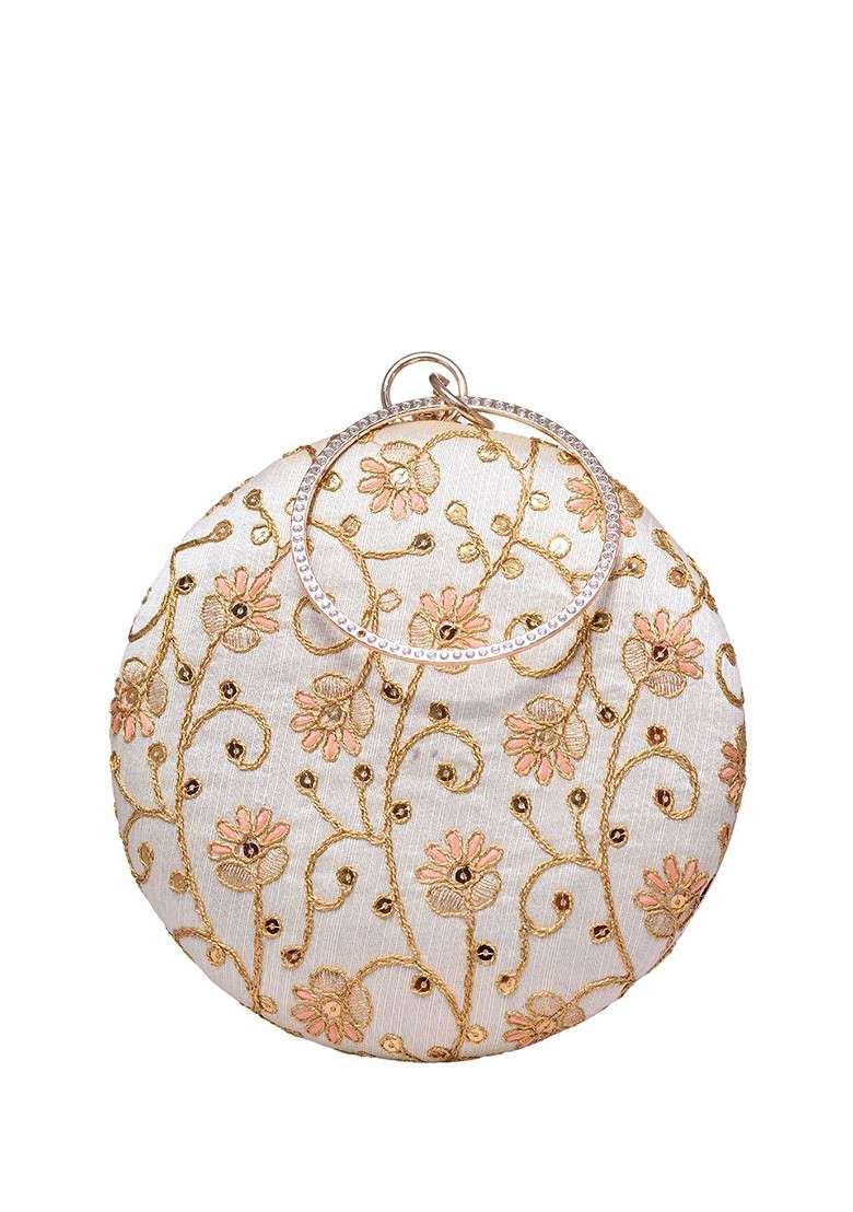 Off White Satin Floral Embroidered Box Clutch - Indya
