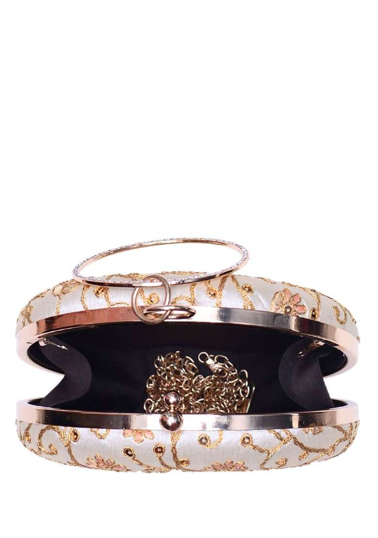 Off White Satin Floral Embroidered Box Clutch - Indya