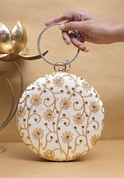 Off White Satin Floral Embroidered Box Clutch