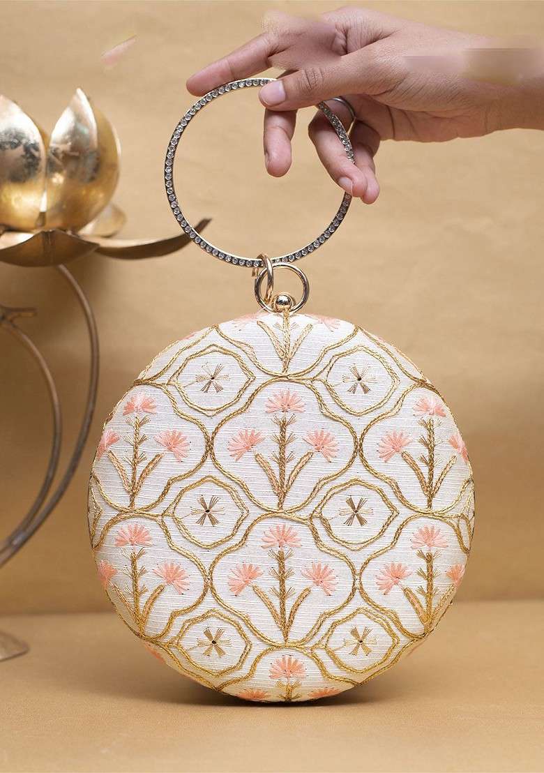 Off White Satin Floral Embroidered Box Clutch - Indya