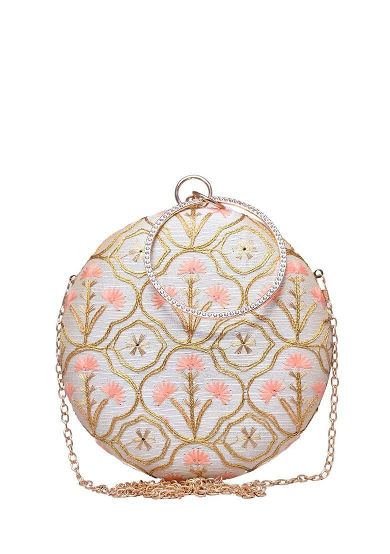 Off White Satin Floral Embroidered Box Clutch - Indya
