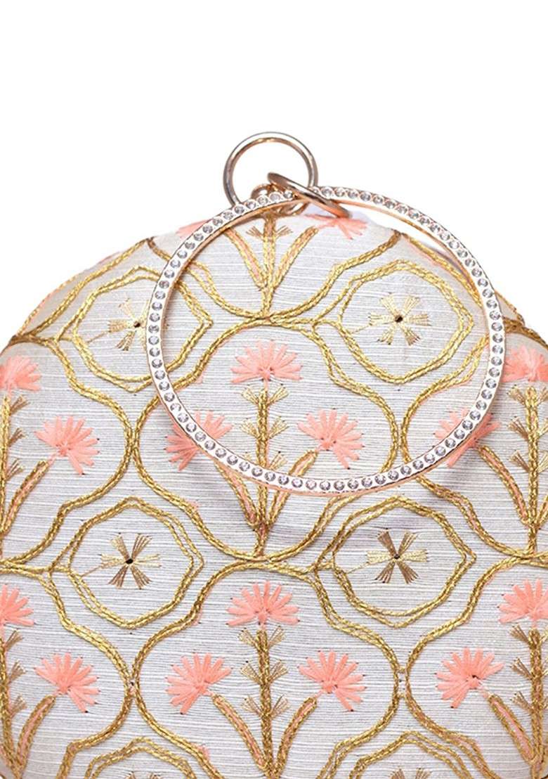 Off White Satin Floral Embroidered Box Clutch - Indya