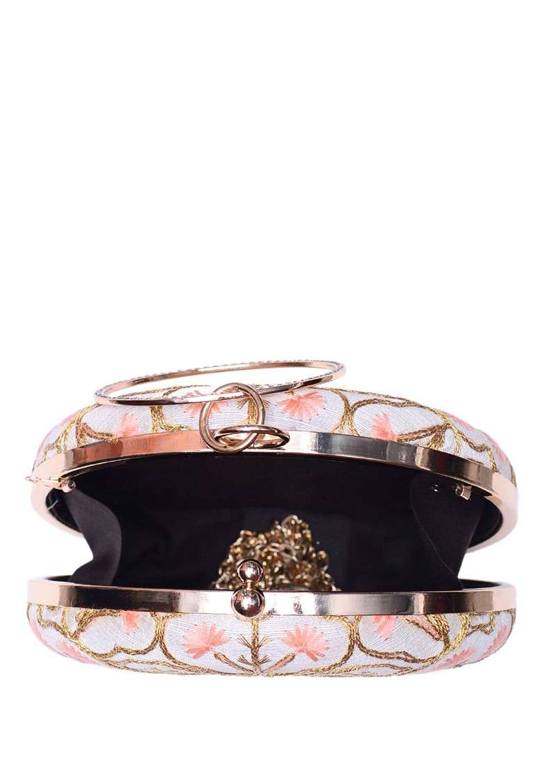 Off White Satin Floral Embroidered Box Clutch - Indya