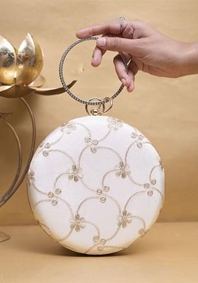 White Satin Embroidered Box Clutch