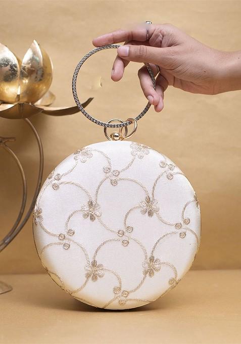 White Satin Embroidered Box Clutch