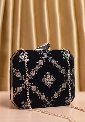 Black Satin Embroidered Box Clutch