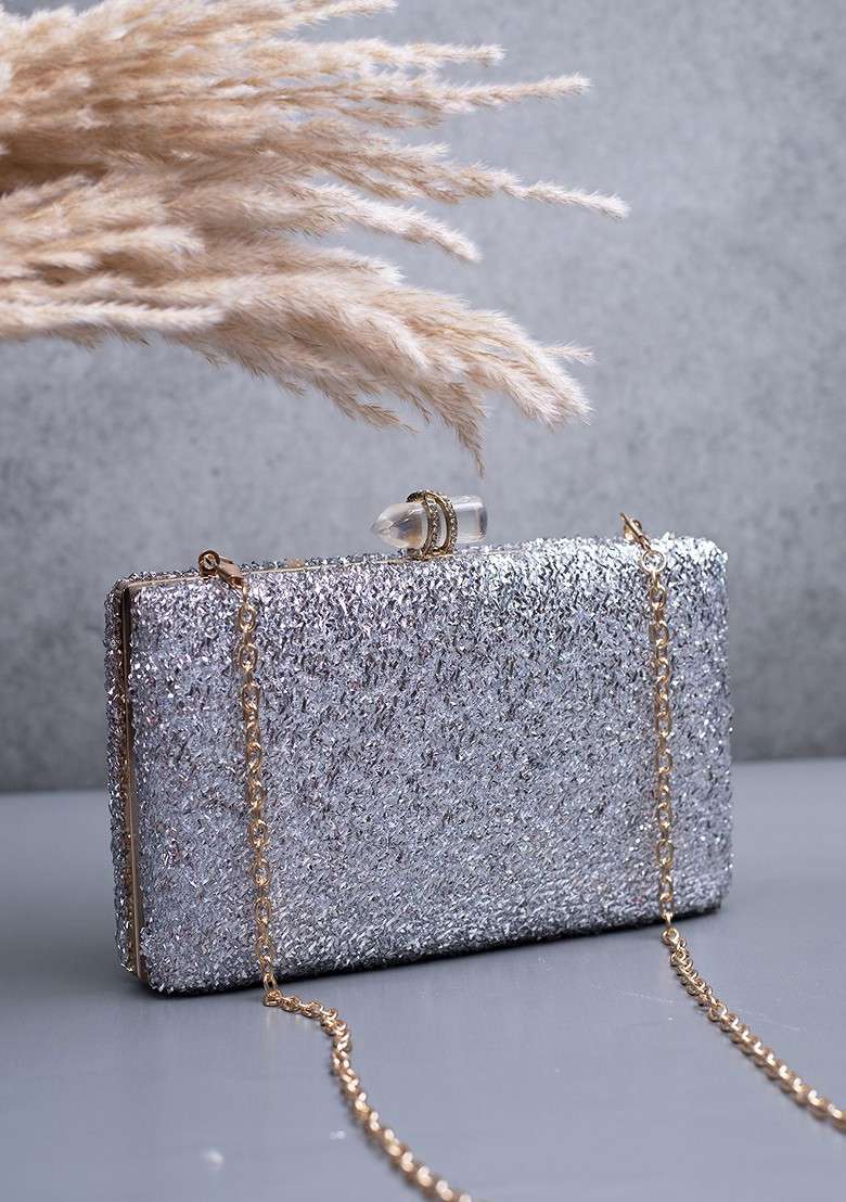 Silver Satin Embroidered Box Clutch - Indya