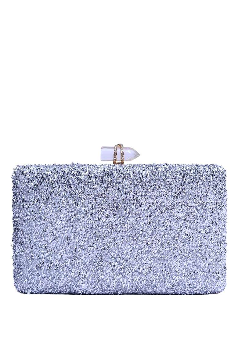 Silver Satin Embroidered Box Clutch - Indya