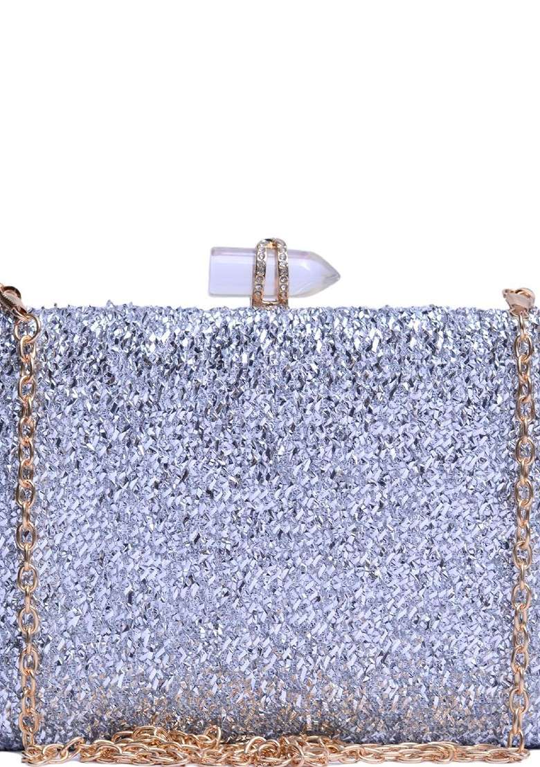 Silver Satin Embroidered Box Clutch - Indya