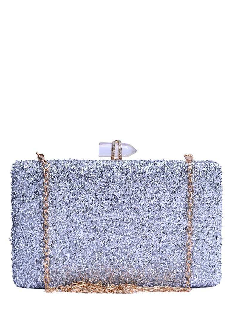 Silver Satin Embroidered Box Clutch - Indya