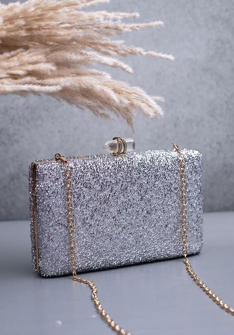Silver Satin Embroidered Box Clutch