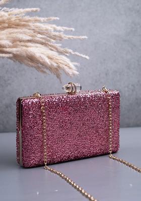 Pink Satin Embroidered Box Clutch