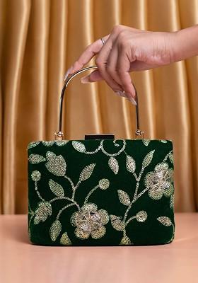 Green Satin Embroidered Box Clutch