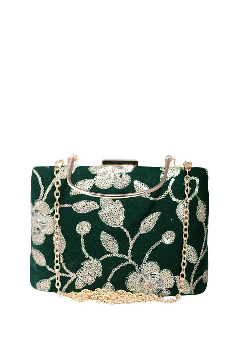 Green Satin Embroidered Box Clutch - Indya