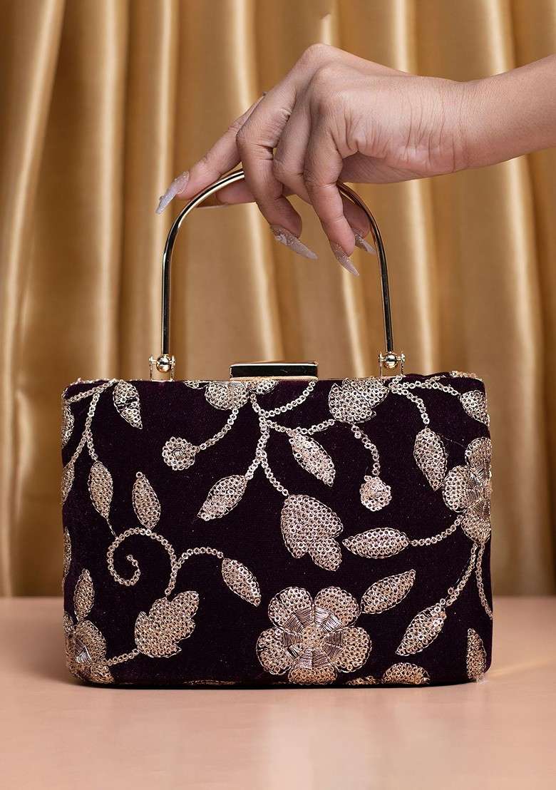 Brown Satin Embroidered Box Clutch - Indya