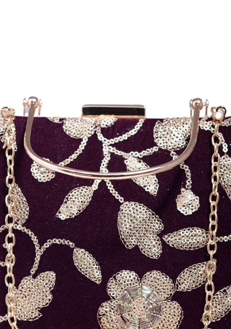 Brown Satin Embroidered Box Clutch - Indya