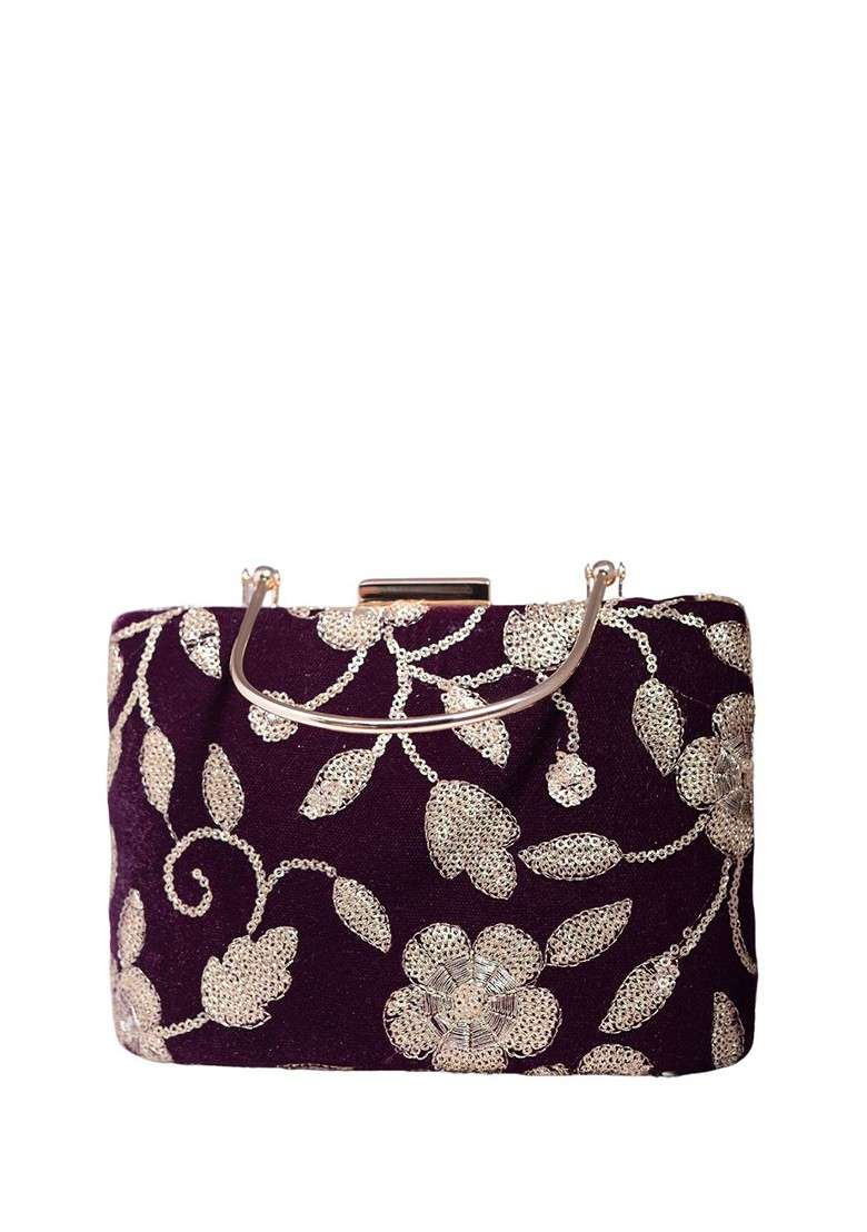 Brown Satin Embroidered Box Clutch - Indya