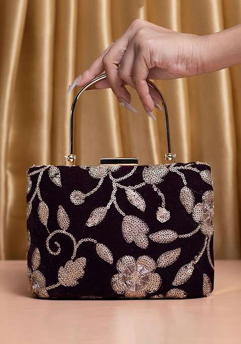 Brown Satin Embroidered Box Clutch