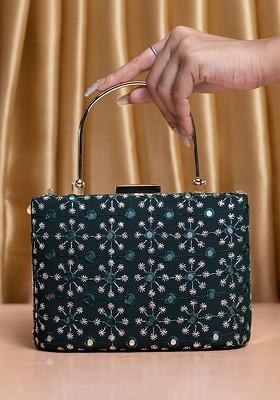 Green Satin Embroidered Box Clutch