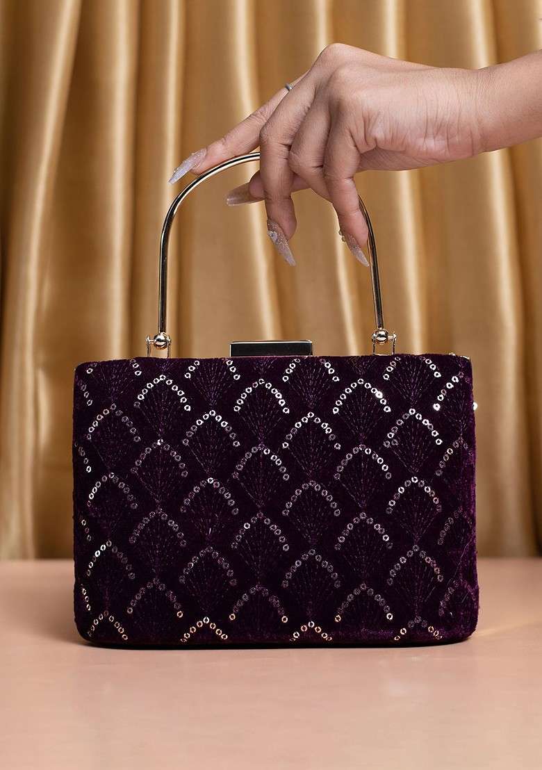 Purple Satin Embroidered Box Clutch - Indya
