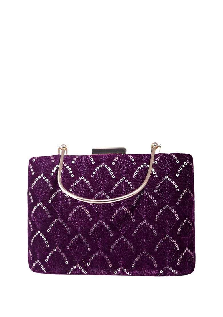 Purple Satin Embroidered Box Clutch - Indya