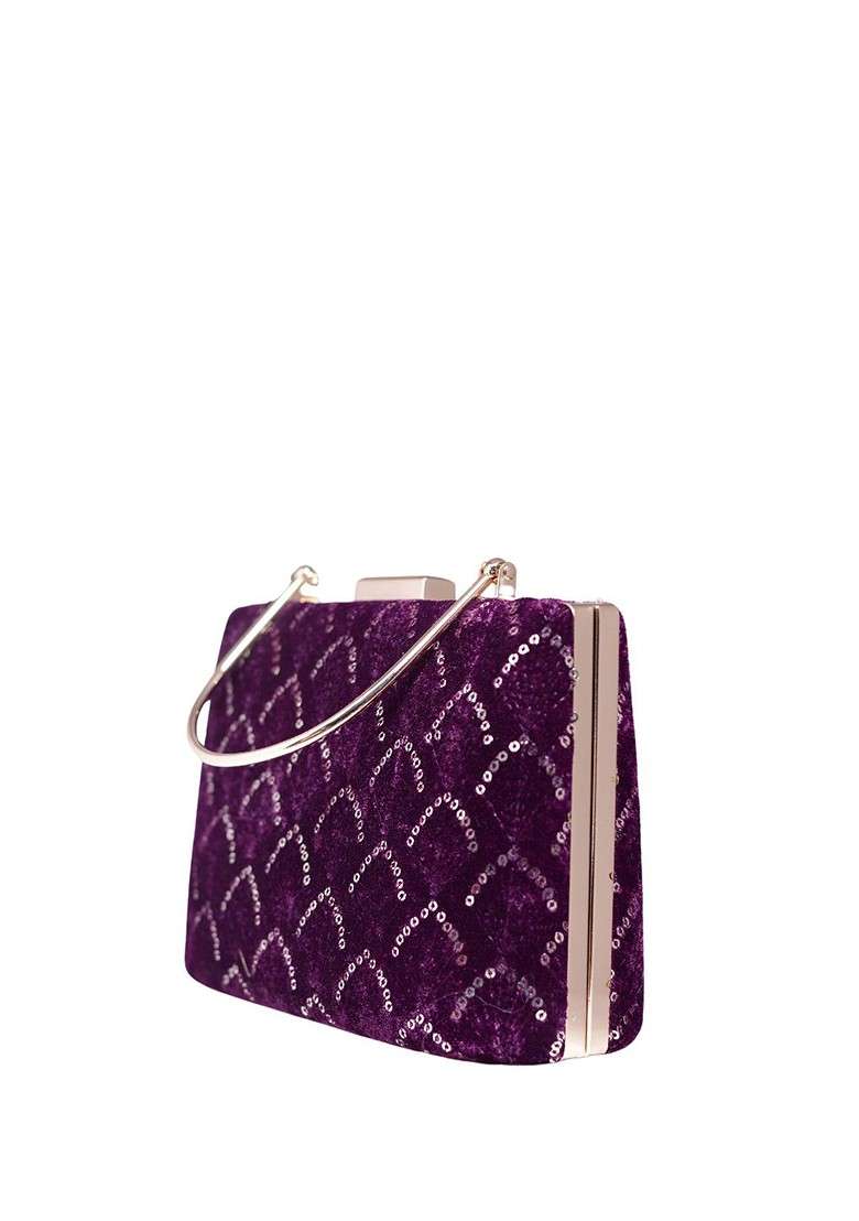 Purple Satin Embroidered Box Clutch - Indya