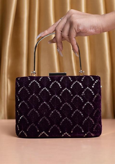 Purple Satin Embroidered Box Clutch