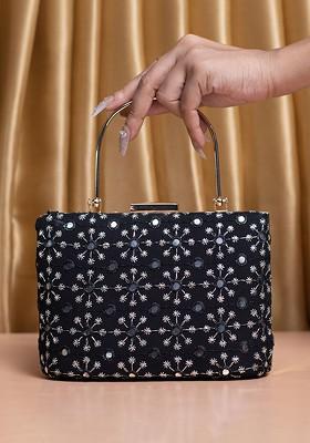 Black Satin Embroidered Box Clutch