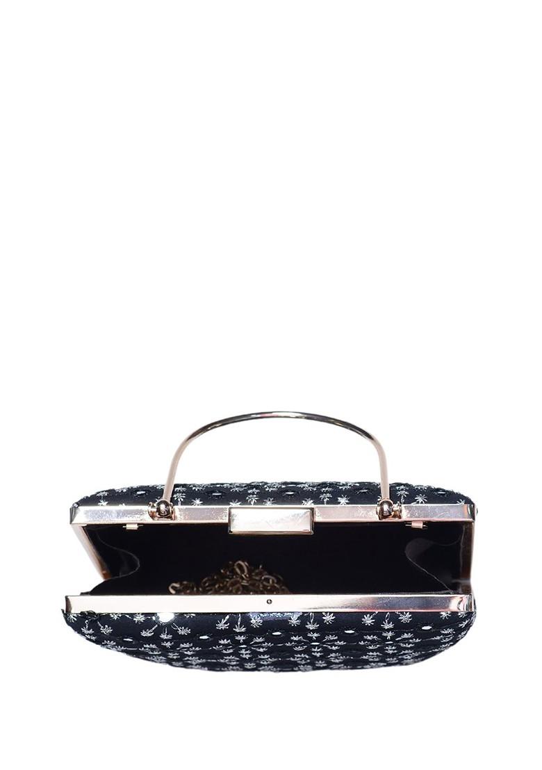 Black Satin Embroidered Box Clutch - Indya