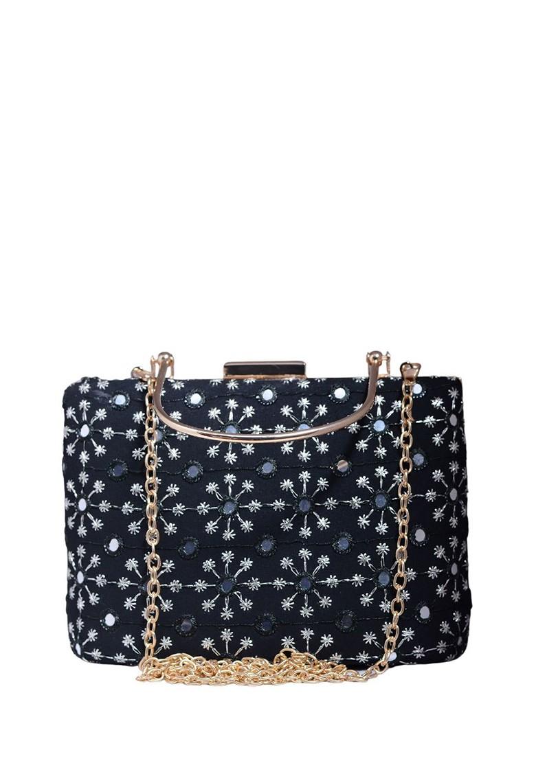 Black Satin Embroidered Box Clutch - Indya