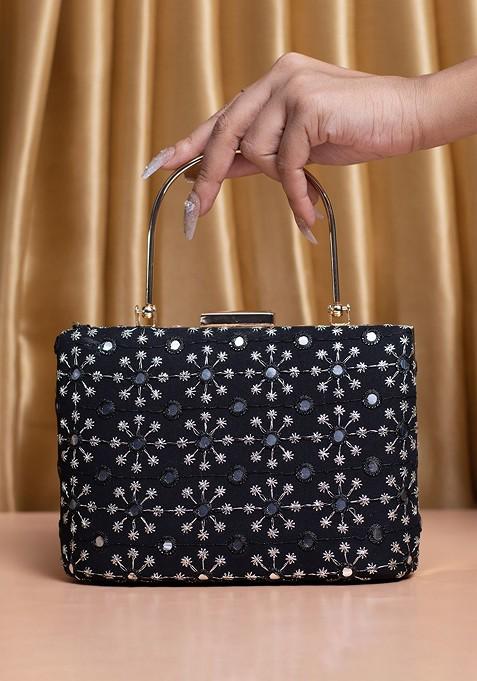 Black Satin Embroidered Box Clutch