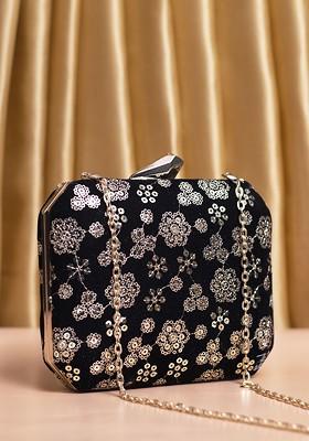 Black Satin Embroidered Box Clutch