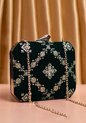 Green Satin Embroidered Box Clutch