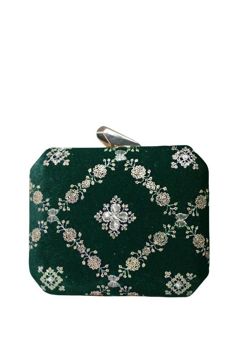 Green Satin Embroidered Box Clutch - Indya