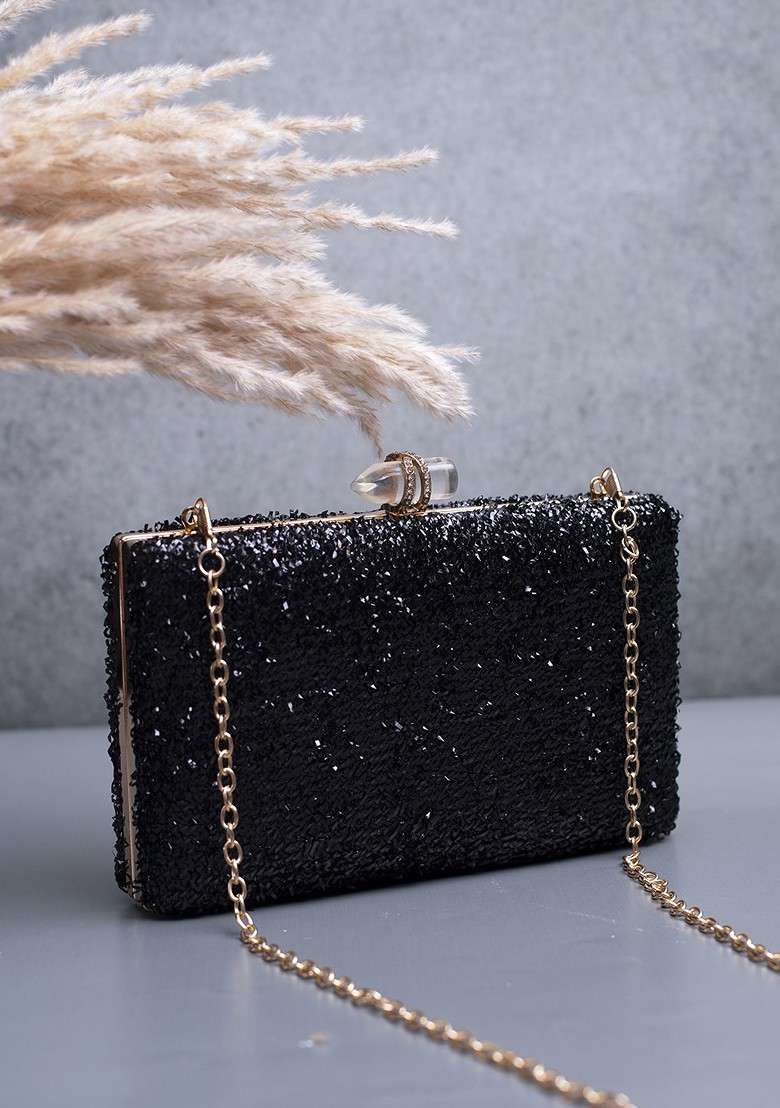 Black Satin Embroidered Box Clutch - Indya