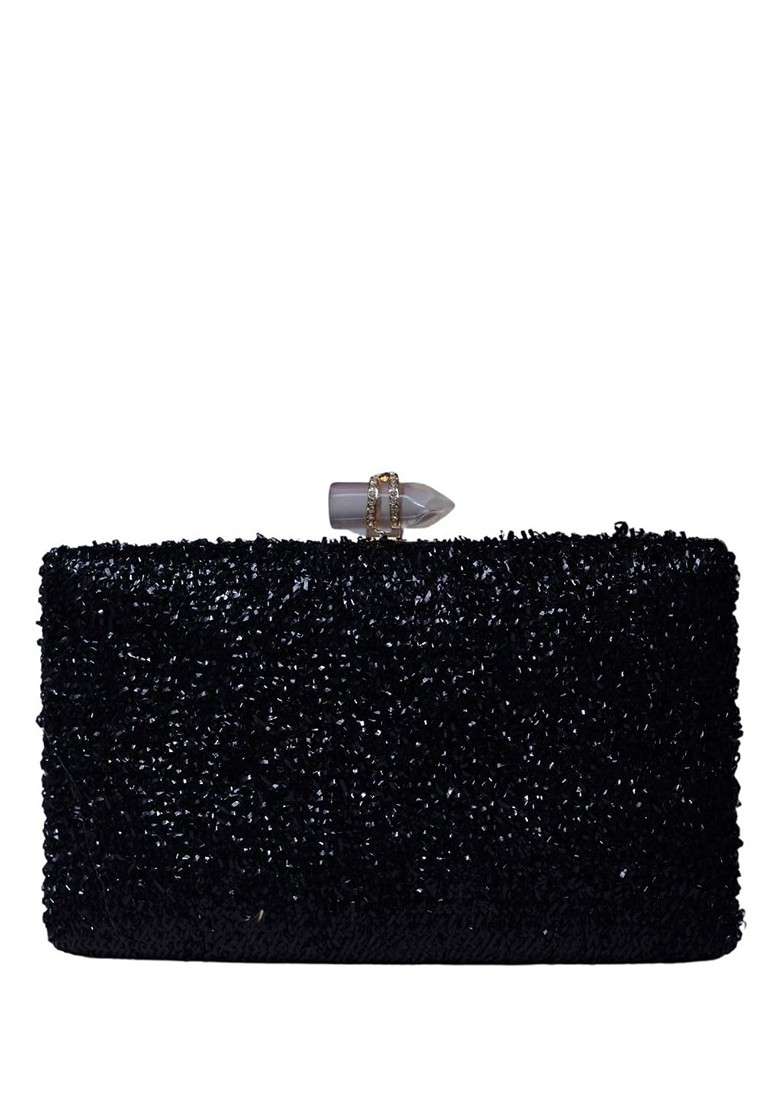 Black Satin Embroidered Box Clutch - Indya